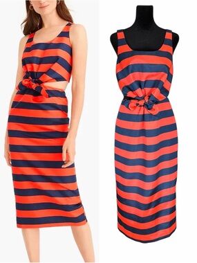 J. Crew Striped Midi Dress Coastal Nautical Tie Front Cutout Red Blue  July 4th